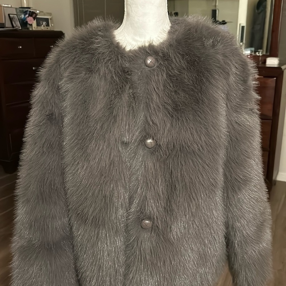 Elegant Gray Faux Fur Coat